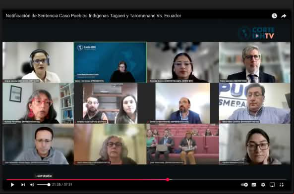 Captura de pantalla Youtube Corte Interamericana de Derechos Humanos CIDH Ecuador, durante la lectura de la sentencia en favor de los pueblos indígenas en aislamiento voluntario