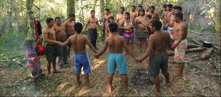 Indígenas ka'apor - niños, mujeres y hombres- situados entre los árboles, unen sus manos y forman un círculo