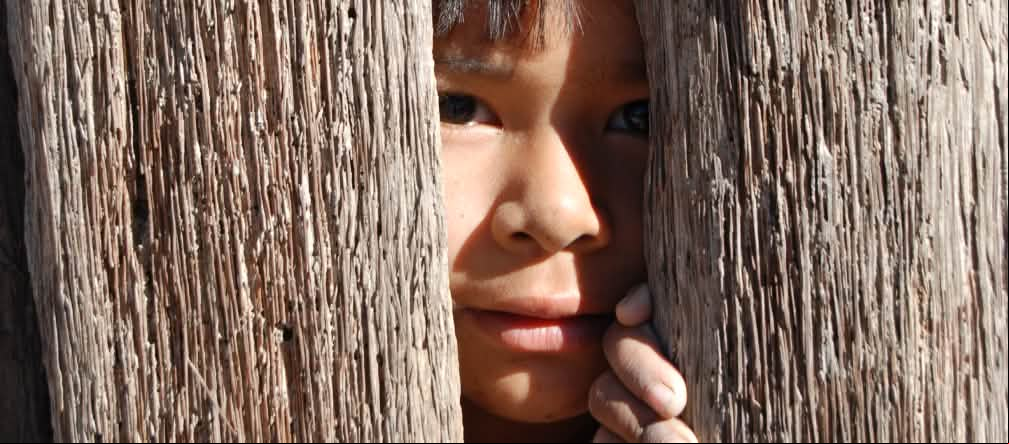 Tímida mirada de un niño entre dos maderos